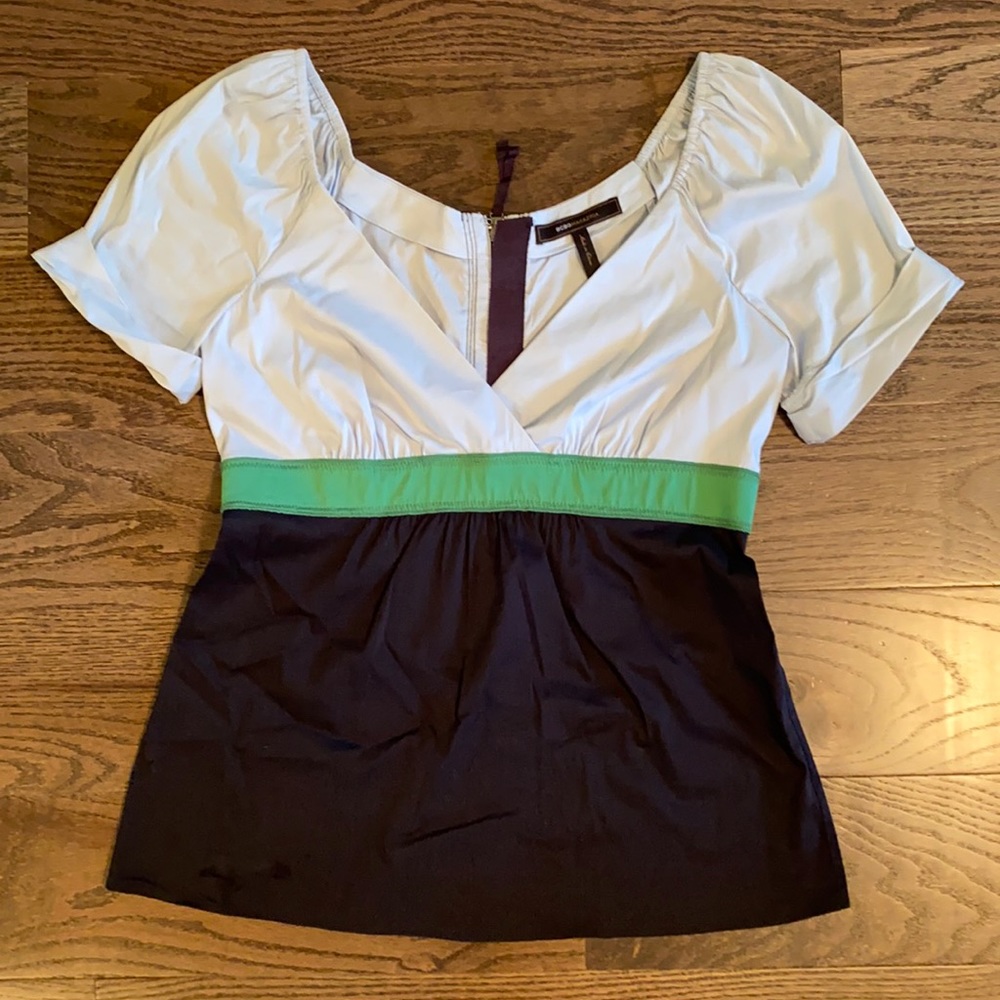 BCBG Max Azria peplum blouse in sheer cotton spandex blend.